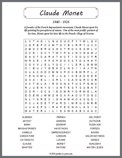 Claude Monet Word Search