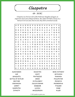 Free printable Cleopatra Word Search puzzle worksheet