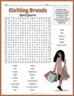 Free printable Clothing Brands Word Search puzzle worksheet