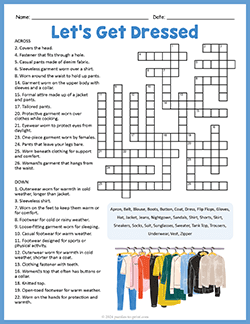 Free printable Clothing Crossword puzzle worksheet