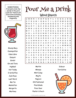 Free printable Cocktails Word Search puzzle