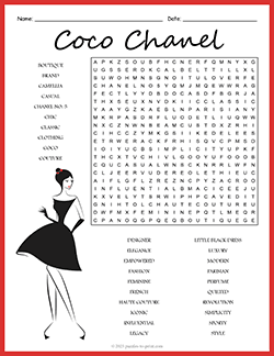 Free printable Coco Chanel Word Search puzzle worksheet