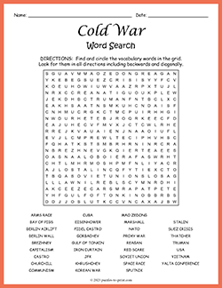 Free printable Cold War Word Search puzzle worksheet