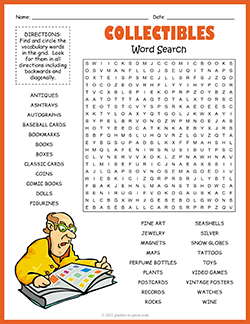 Free printable Collectibles Word Search puzzle worksheet