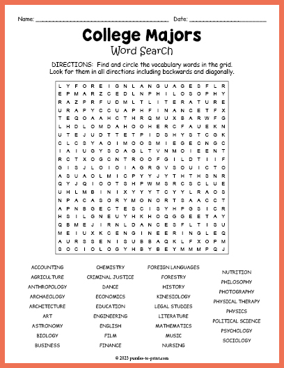 College Majors Word Search