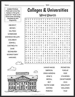 Free printable Colleges Word Search puzzle worksheet
