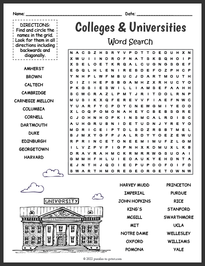 College Word Search Puzzle Printable