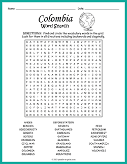 Free printable Colombia Word Search puzzle worksheet