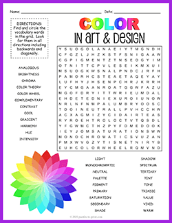 Free printable Color Theory Word Search puzzle worksheet