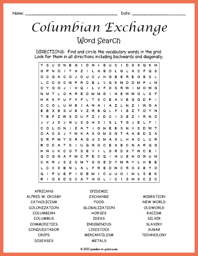 Columbian Exchange Word Search