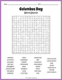 Free printable Columbus Day Word Search puzzle worksheet