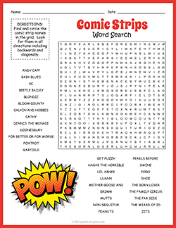 Free printable Comic Strips Word Search puzzle worksheet