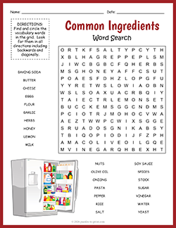 Free Printable Common Ingredients Word Search Puzzle Worksheet