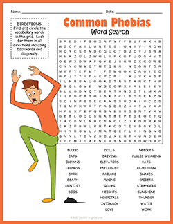 Free printable Common Phobias Word Search puzzle worksheet