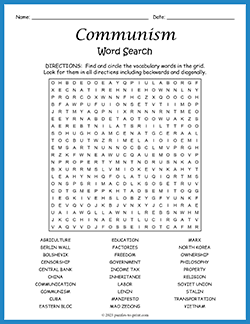 Free printable Communism Word Search puzzle worksheet