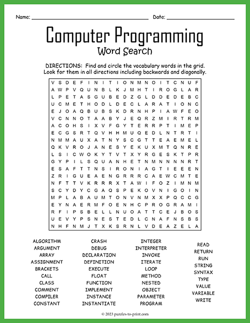 Computer Programming Terms Word Search