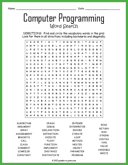 Computer Programming Terms Word Search