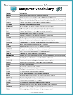 Printable computer vocabulary list and definitions