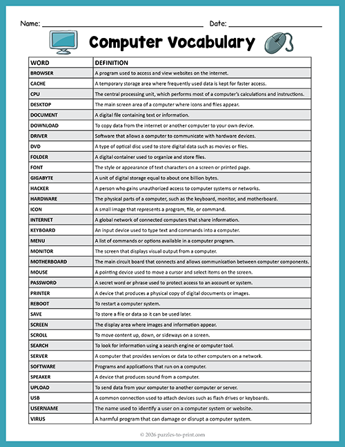 Computer Vocabulary - Free Printable Terms and Definitions