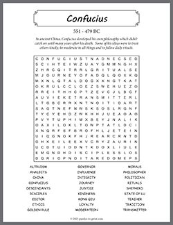 Free printable Confucius Word Search puzzle worksheet