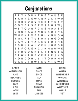 Free printable Conjunctions Word Search puzzle worksheet