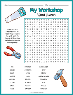 Free printable Construction Tools Word Search puzzle worksheet