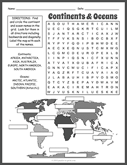 Free printable Continents and Oceans Word Search puzzle worksheet