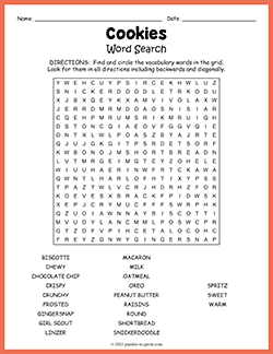 Free printable Cookies Word Search puzzle worksheet