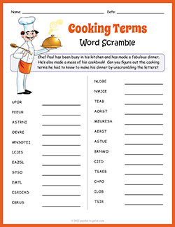 Free printable Cooking Terms Word Scramble puzzle worksheet