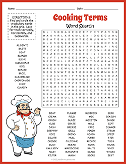 Free printable Cooking Terms Word Search puzzle worksheet