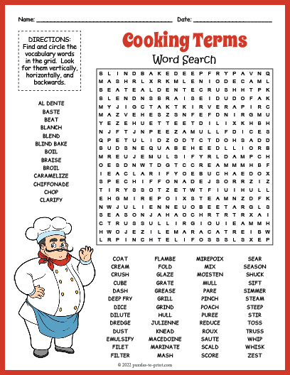 Cooking Terms Word Search Word Search