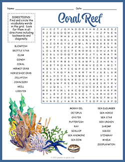 Free printable Coral Reef Word Search puzzle worksheet