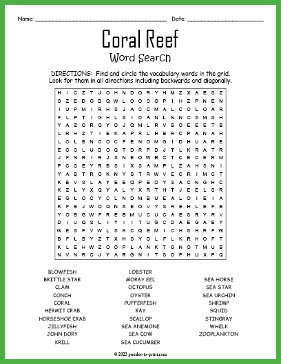 Coral Reef Word Search