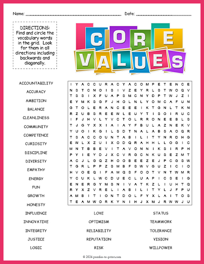 Core Values Word Search