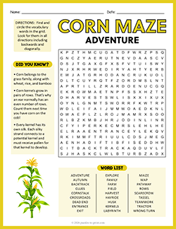 Free Printable Corn Maze Word Search Puzzle Worksheet