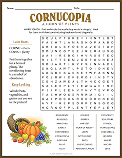 Free Printable Cornucopia Word Search Puzzle Worksheet