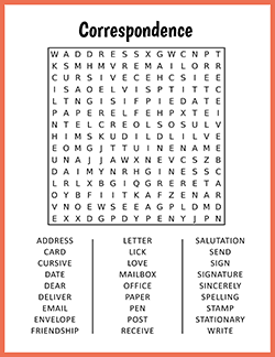 Free printable Correspondence Word Search puzzle worksheet