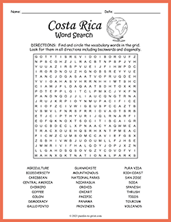 Free printable Costa Rica Word Search puzzle worksheet