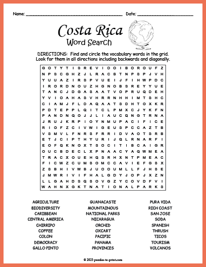 Costa Rica Word Search