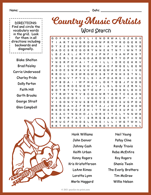 Country Music Artists Word Search