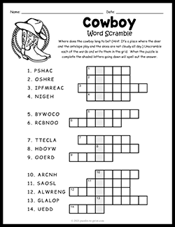 Free printable Cowboy Word Scramble puzzle worksheet
