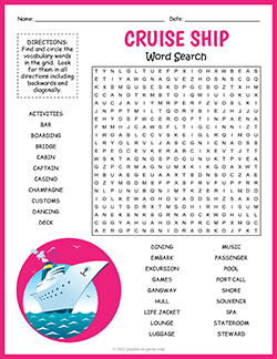 Free printable Cruise Ship Word Search puzzle worksheet
