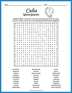 Free printable Cuba Word Search puzzle worksheet