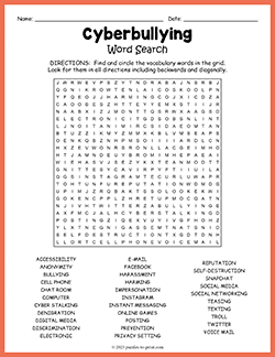 Free printable Cyberbullying Word Search puzzle worksheet