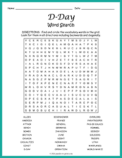 Free printable D Day Word Search puzzle worksheet