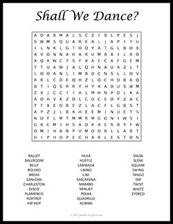 Free printable Dance Word Search puzzle worksheet