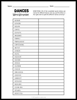 Free printable Dances Word Scramble puzzle worksheet