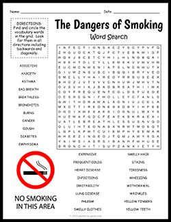 Free printable Dangers of Smoking Word Search puzzle worksheet