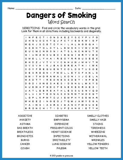Dangers of Smoking Word Search