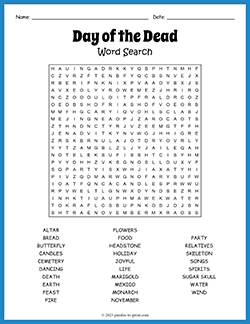 Free printable Day of the Dead Word Search puzzle worksheet